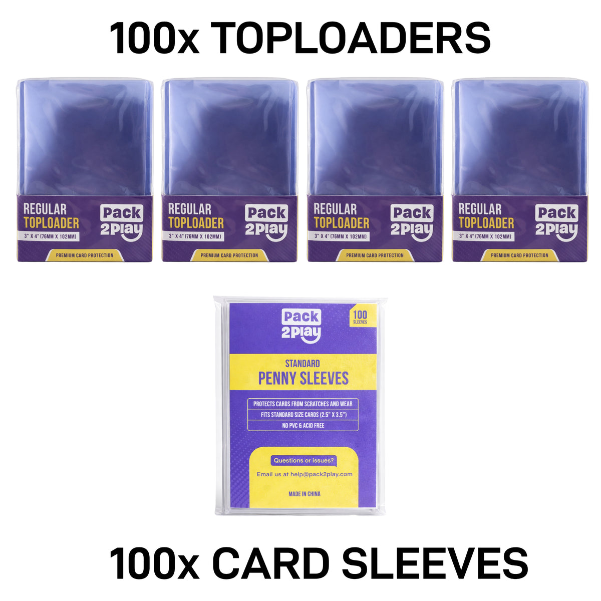 Pack of card sleeves with '100x Toploaders' and '100x Card Sleeves' text on a white background.
